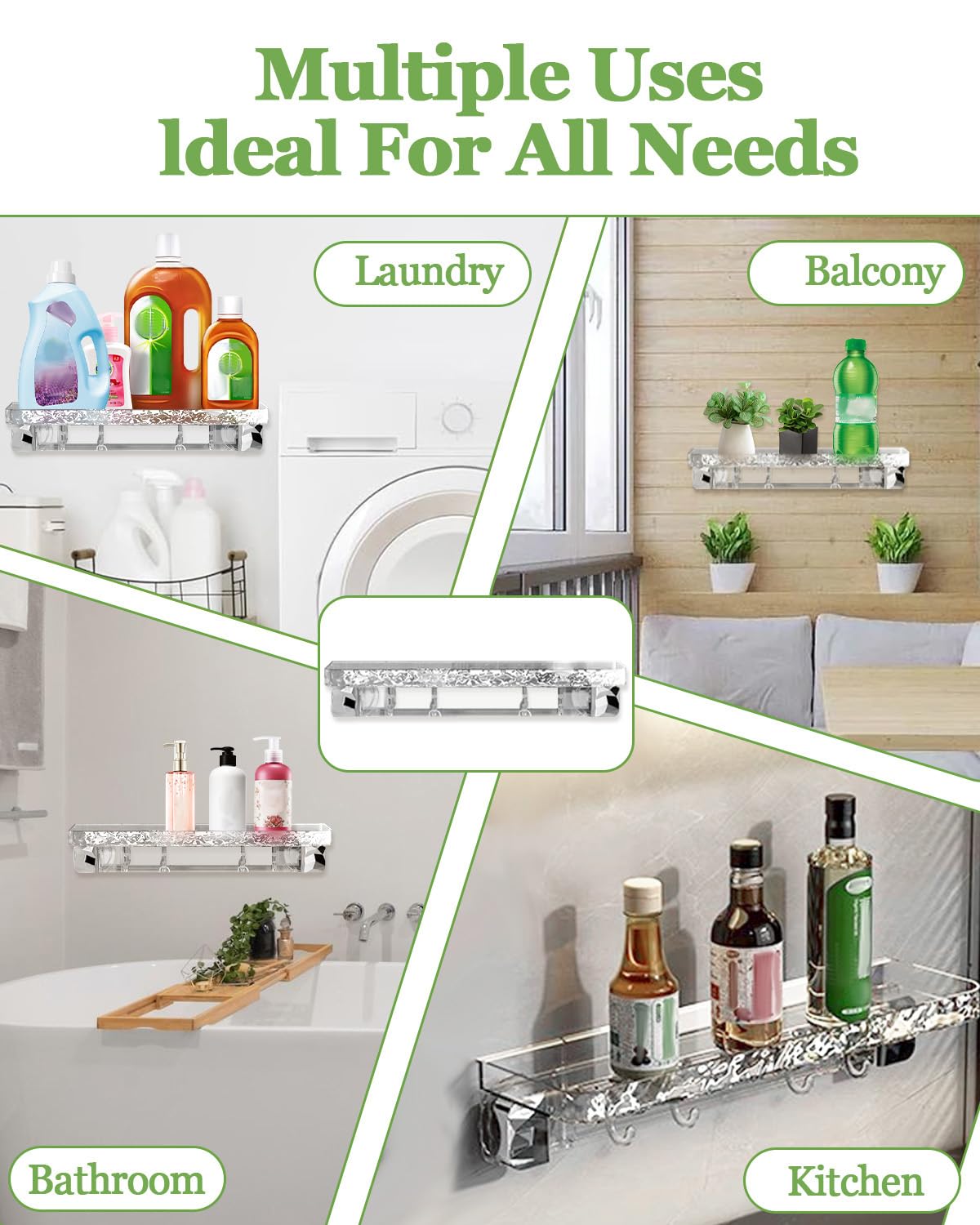 Aimery Estantería de ducha esquinera para baño, paquete de 2 unidades con ventosa con 4 ganchos, para almacenamiento de baño, decoración del hogar y cocina, sin taladrar, estantes de ducha extraíbles