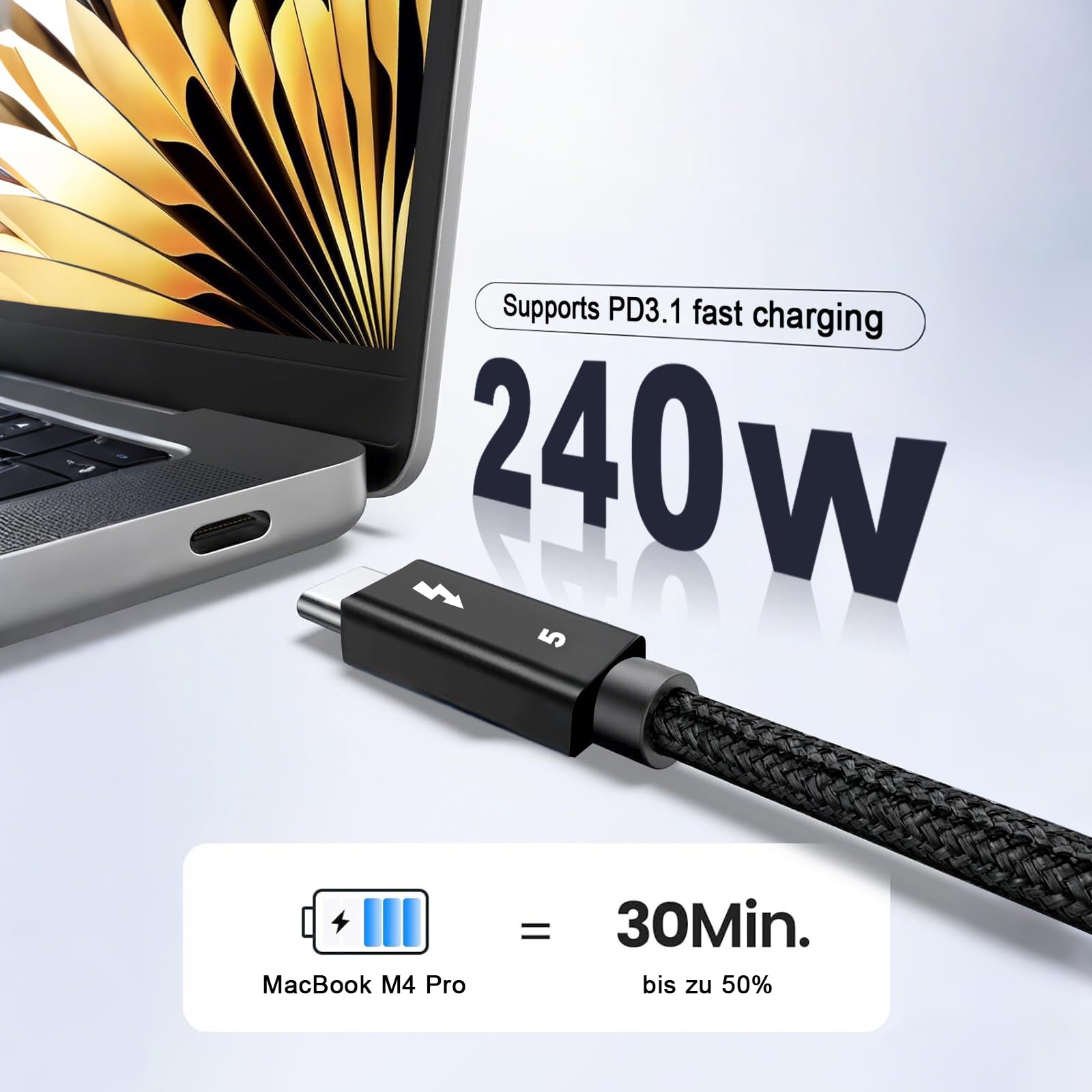 RUIZHI Thunderbolt 5 Kabel, USB4 V2.0 mit 80 Gbit/s Datentransfer, PD 3.1 Schnellladung bis 240 W, 4K/8K Auflösung, kompatibel mit Thunderbolt 4 und 3, geeignet für MacBook, Pad, Phone,Geflecht 2.0m