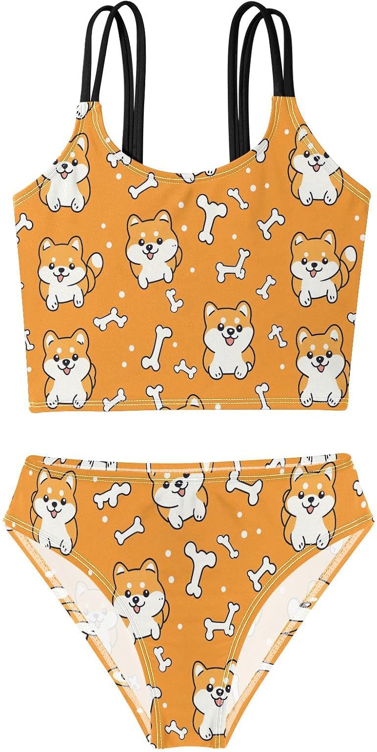 visesunny Girls Two Piece Swimsuits Shiba Inu Dog Girl's Bikini Sets Bathing Suits for Girls Size 5-12Y