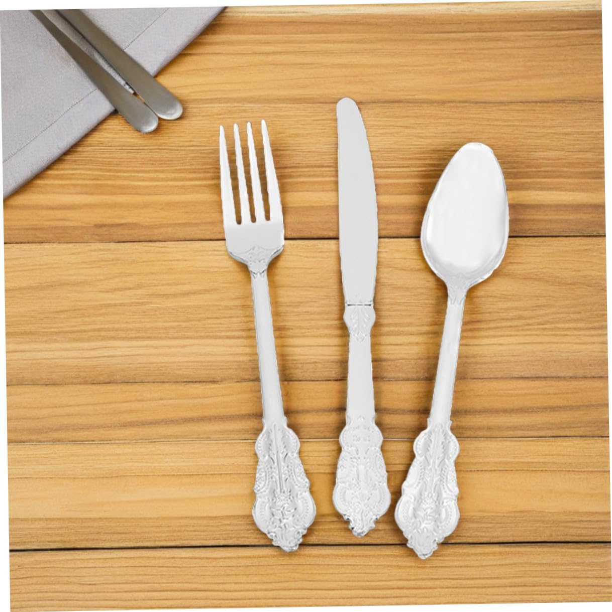 Disposable Tableware Set 24 Pieces Silver Floral Pattern Cutlery Including Forks Knives Spoons, Plastic Portable Eating Utensils for Parties Picnics and Buffets