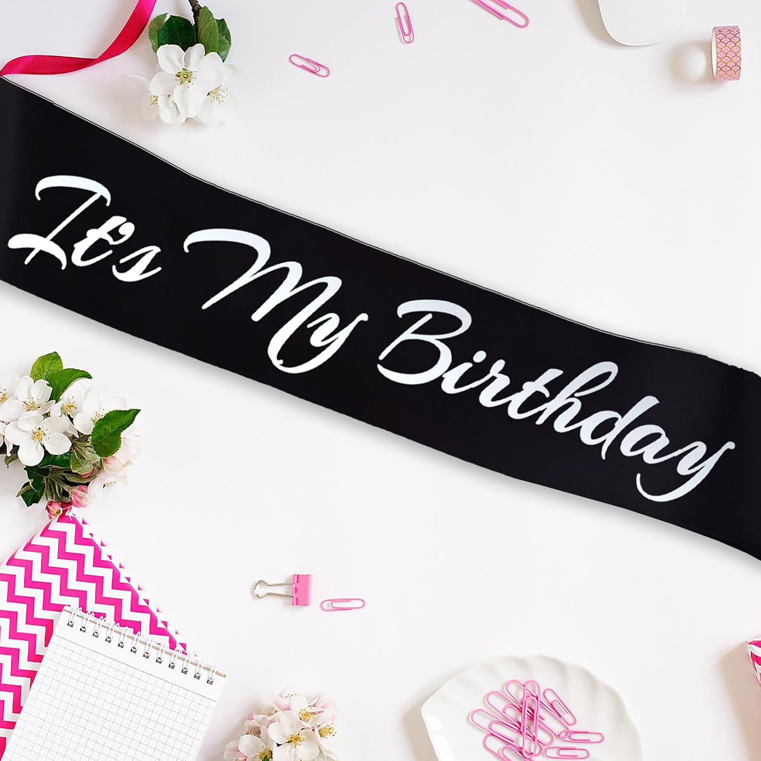 It's My Birthday Sash, Silver Foil Letter Black Birthday Sash for Women or Men Bday Party Supplies, Gifts for Bday Party Favors
