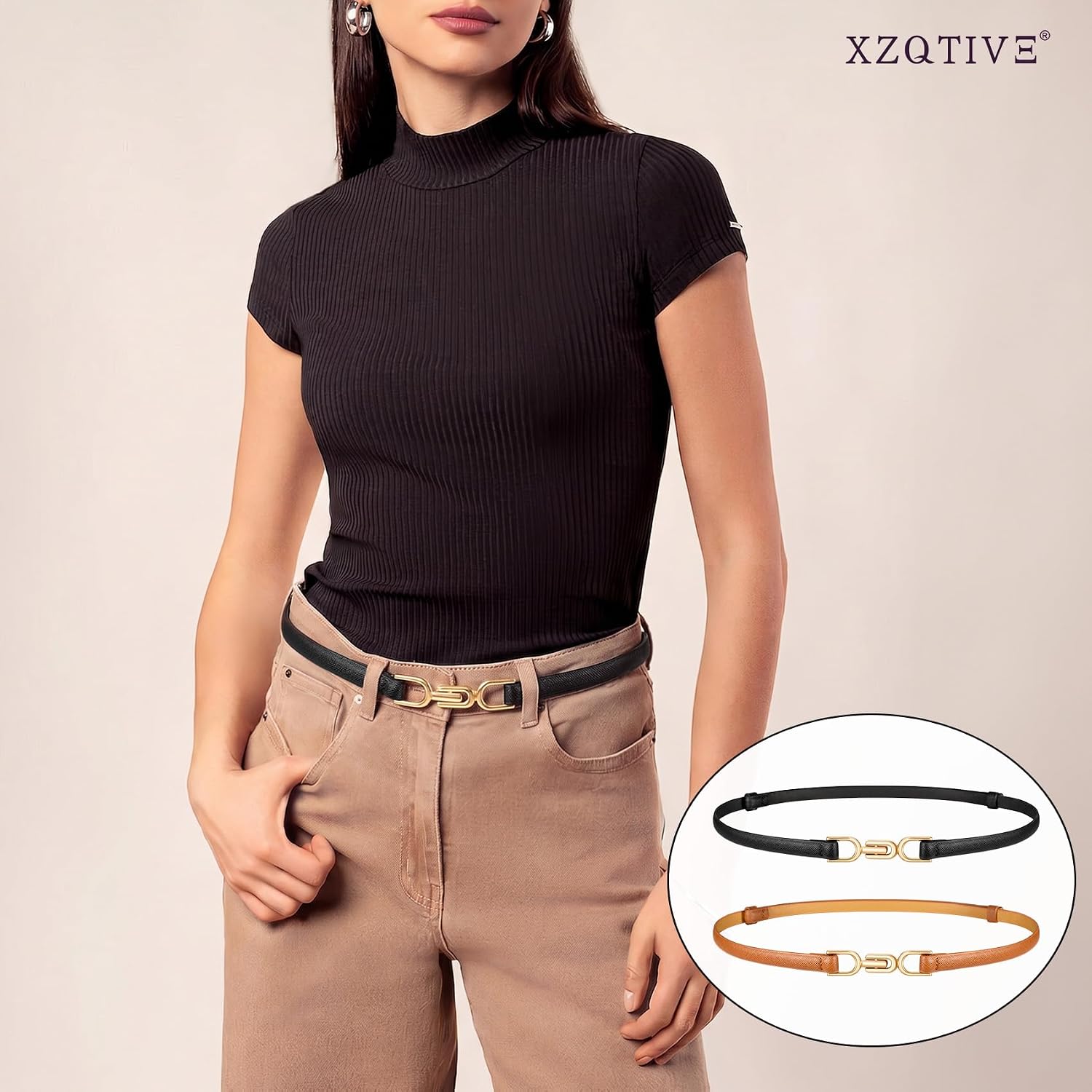 XZQTIVE Thin Belts For Women Skinny Leather Waist Belt with Gold Buckle Fashion Ladies Belt For Dress Pant image 2