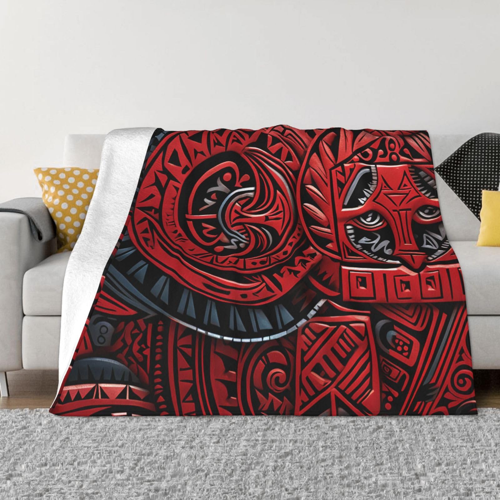 KLOPH Red Tribal Pattern Throw Blanket 60"x50" Flannel Fluffy Warm Blanket for Couch, Reversible Plush Blankets for Bed, Comfy Fuzzy Blanket for Sofa, Plush Lightweight-Blankets for All Season