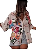 GORGLITTER Women's Oversized Floral Boho Button-Down Shirt - Short Sleeve Embroidered Collared Blouse for Fall
