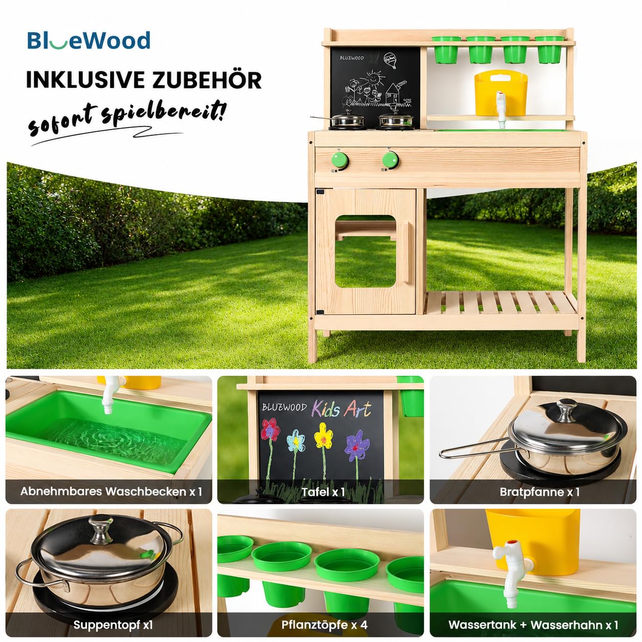 Cocina de Juguete de Madera para Niños | Cocina Exterior Infantil BlueWood | Grifo Funcional, Fregadero Grande, Estantes y Accesorios | Juego Educativo al Aire Libre