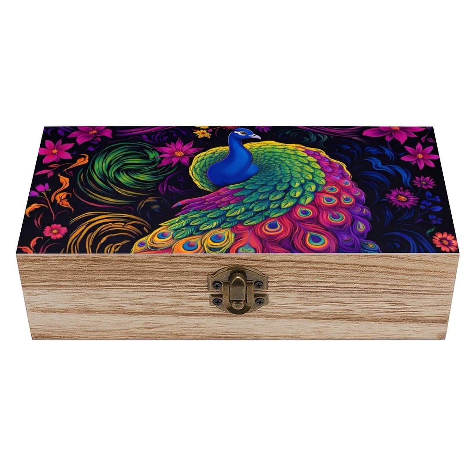 SMAZDFXX Neon Peacock Flowers Art Wooden Storage Box With Hinged Lid Decorative Front Clasp Keepsake Boxes