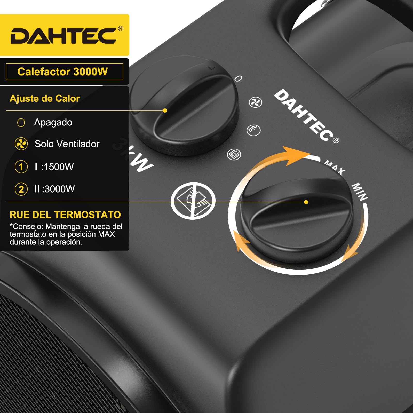 Calefactor Electrico 3000W de Aire Caliente - ECO Bajo Consumo - con Ajuste de ángulo de 0 a 25°, Termostato y Protección Contra Sobrecalentamiento - Apto para Hogares, Tallers