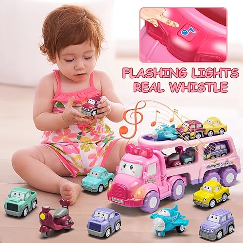 Miniatura 3 de Vehículo de juguete de dibujos animados para niña pequeña, camión transportador rosa 9 en 1 para bebés, automóvil de transporte de energía de