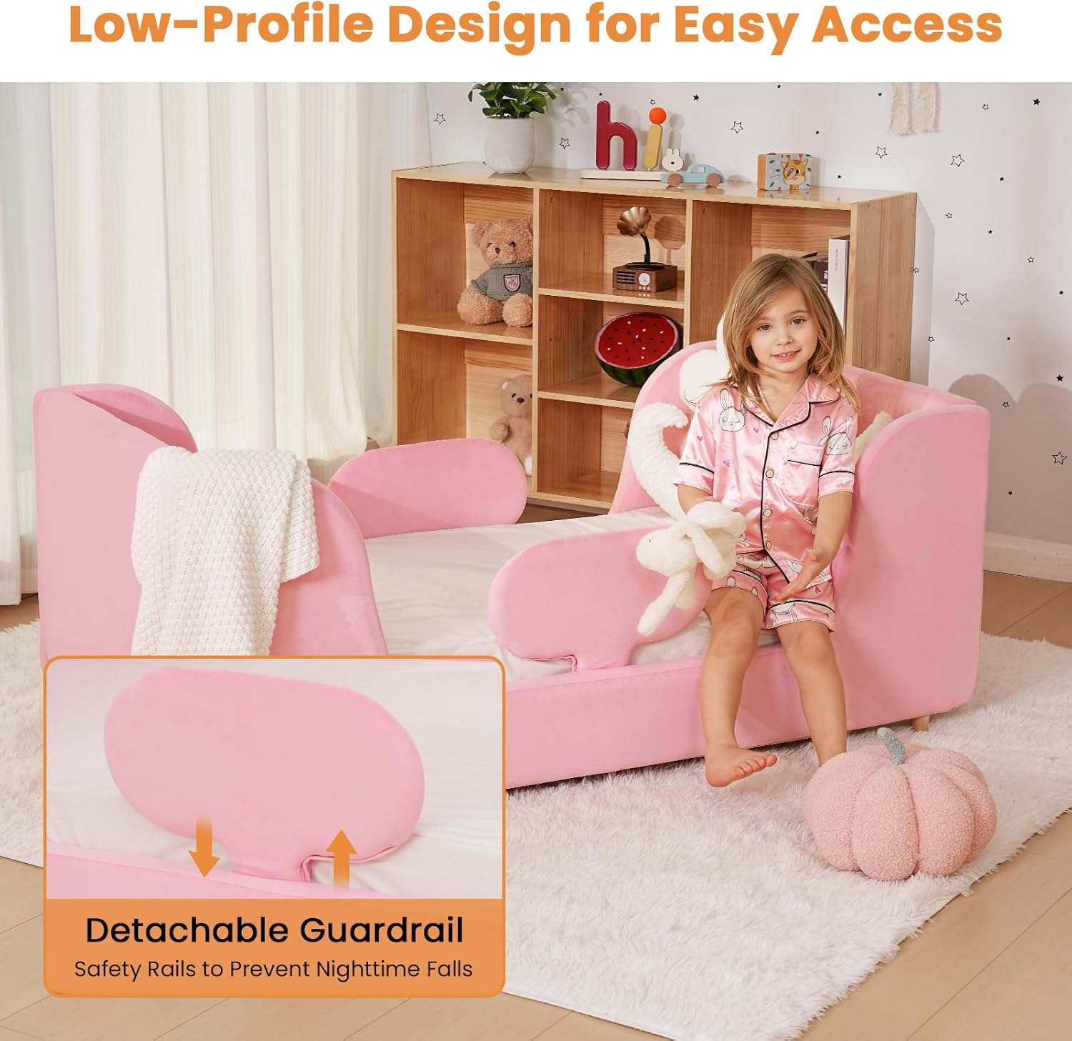 Toddler Bed Frame, Toddler Bed Upholstered, Toddler Floor Bed with Wood Slats and Removable Safety Guardrails, Standard Crib Size Kids Bed for Girl and Boy, Pink