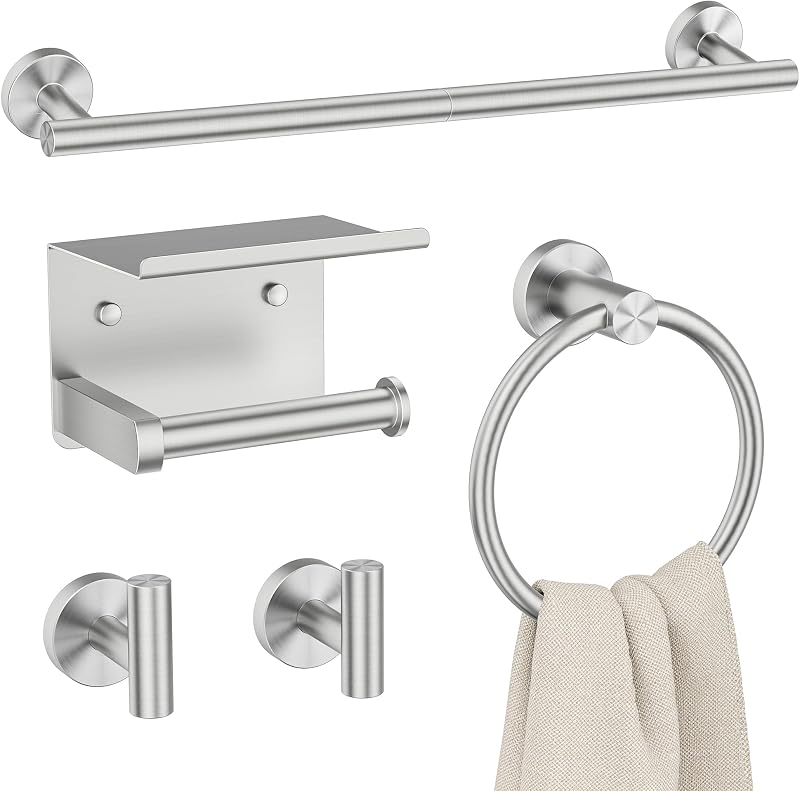Bathroom Accessories, 5-Piece Bathroom Hardware Set - 24" Towel Bar | Brushed Nickel | Towel Hooks, Towel Racks for Bathroom, Toilet Paper Holder With Shelf, Towel Ring | SUS304 Stainless Steel