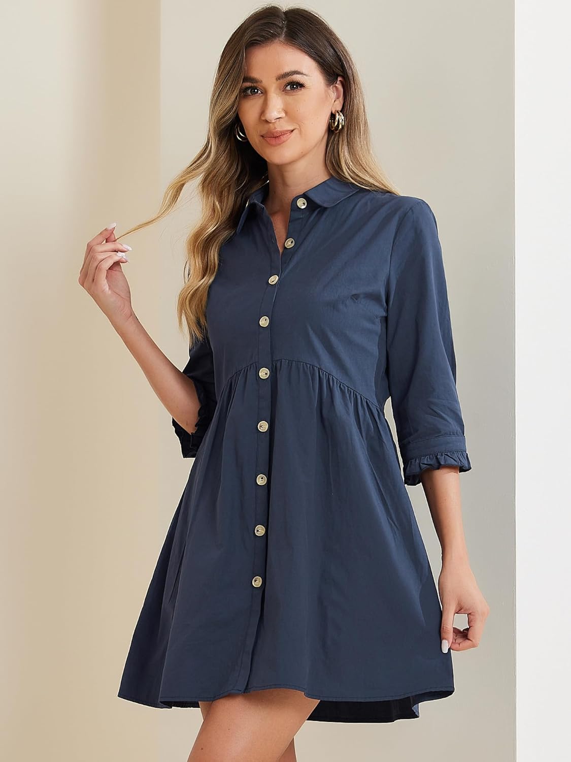 Allegra K Women's Shirt Dress Button Down 3/4 Sleeve School Work Mini Casual Shirtdresses - Image 3