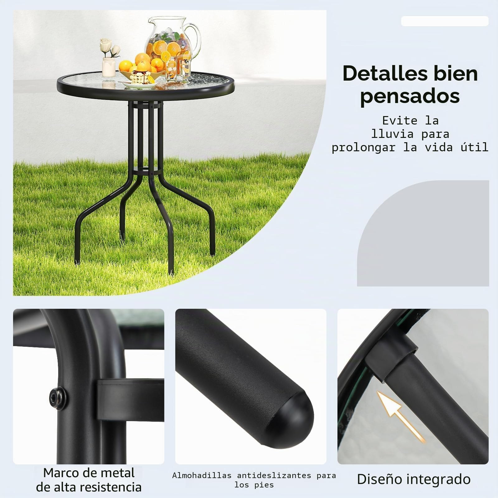 FANTASK Mesa de bistró con Tablero de Cristal Templado, 70 x 70 x 71 cm, Mesa Redonda para balcón, Mesa de Comedor al Aire Libre para terraza, Lacado Negro