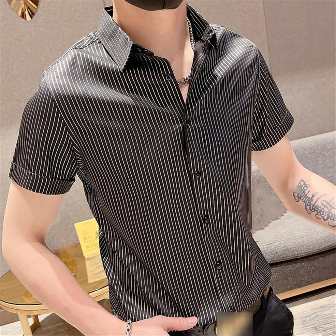 Yeuyyben Camicie A Righe A Contrasto per Uomo 2023 Camicia Slim A Maniche Corte Estiva Camicie Eleganti da Lavoro Camicetta da Smoking