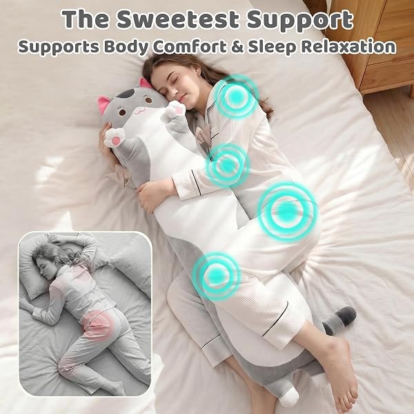 Mewaii Long Cat Plush Body Pillow, Cute Cat Plush Animals Kawaii Soft Plushies, Kitten Plush Pillow Doll Gift for Girls Boys (Gray Cat 20 Inch) - 4