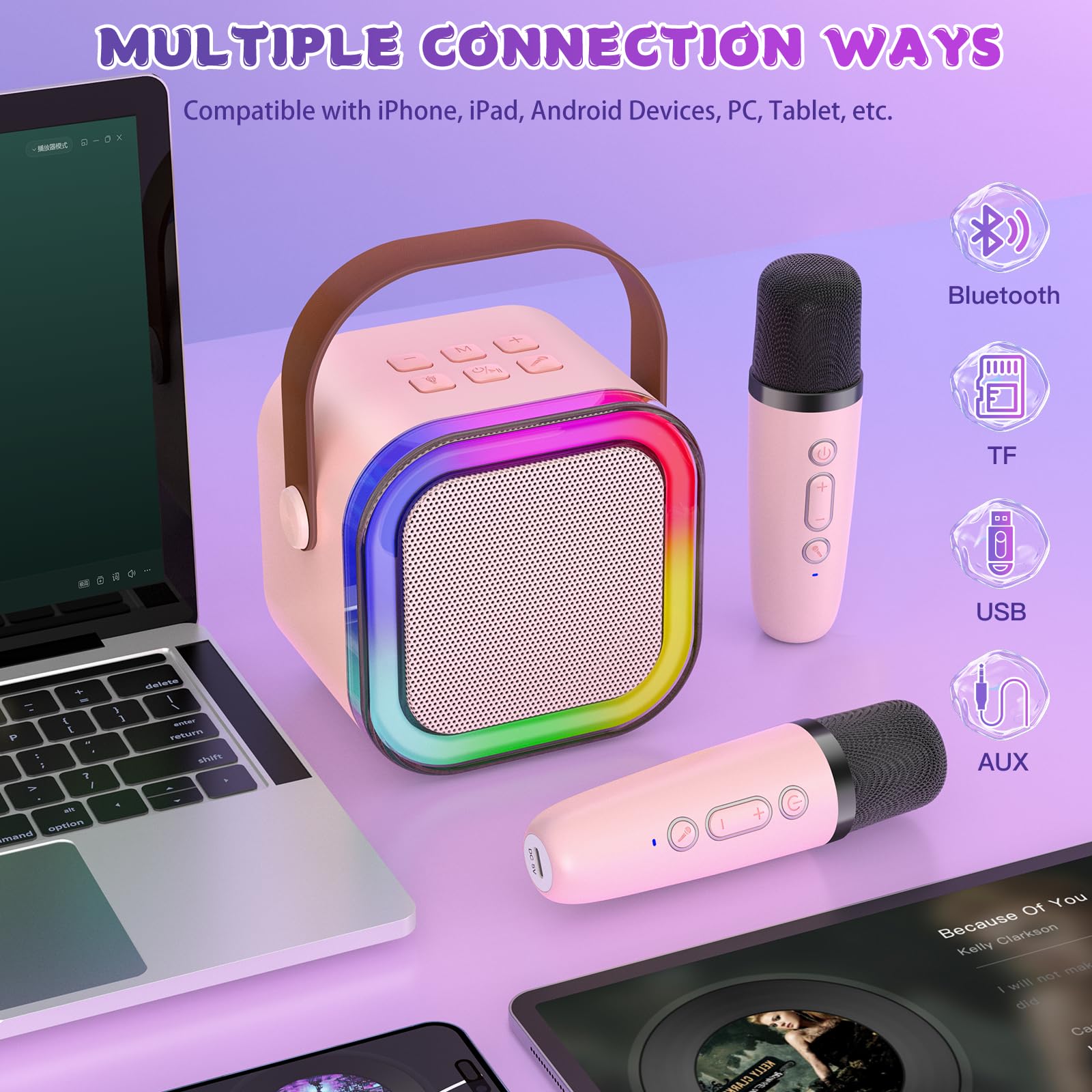 Mini máquina de karaoke para niños, altavoz Bluetooth portátil  con 2 micrófonos inalámbricos y luces LED de color, regalos de cumpleaños de Navidad, juguetes para niñas, niños y amigos de 3 a 2