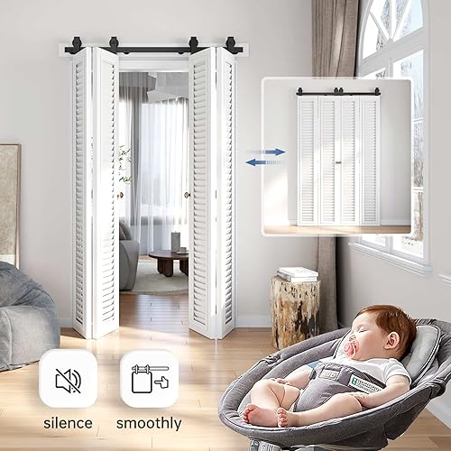 Miniatura 5 de EaseLife Kit de riel de 54 pulgadas para puerta corrediza de granero biplegable para 4 puertas de armario, rodillo de montaje superior, resistente,