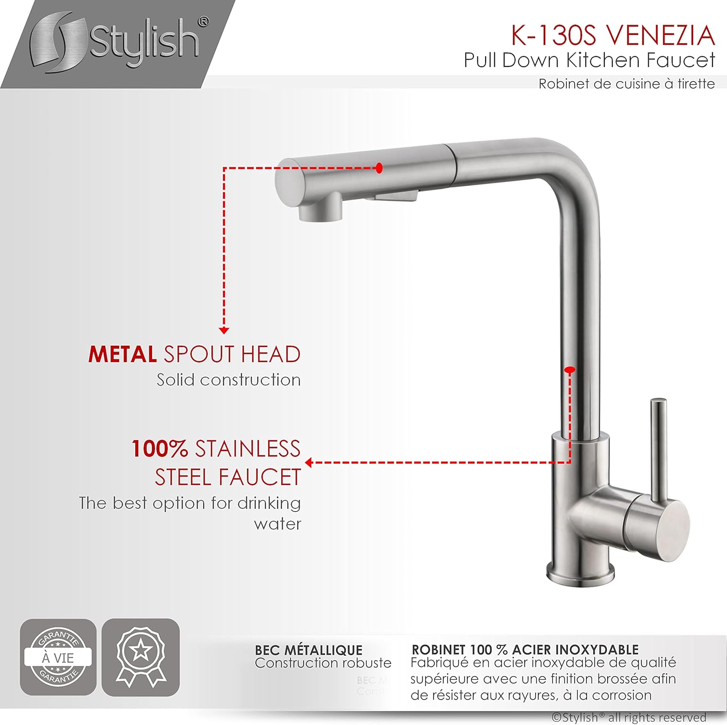 Stylish Kitchen Sink Faucet Pull Down Spout Mixer Tap and Stainless Steel Drinking Water Faucet for Kitchen Sink Combo Set in Brusehd Stainless Steel K130SK147S