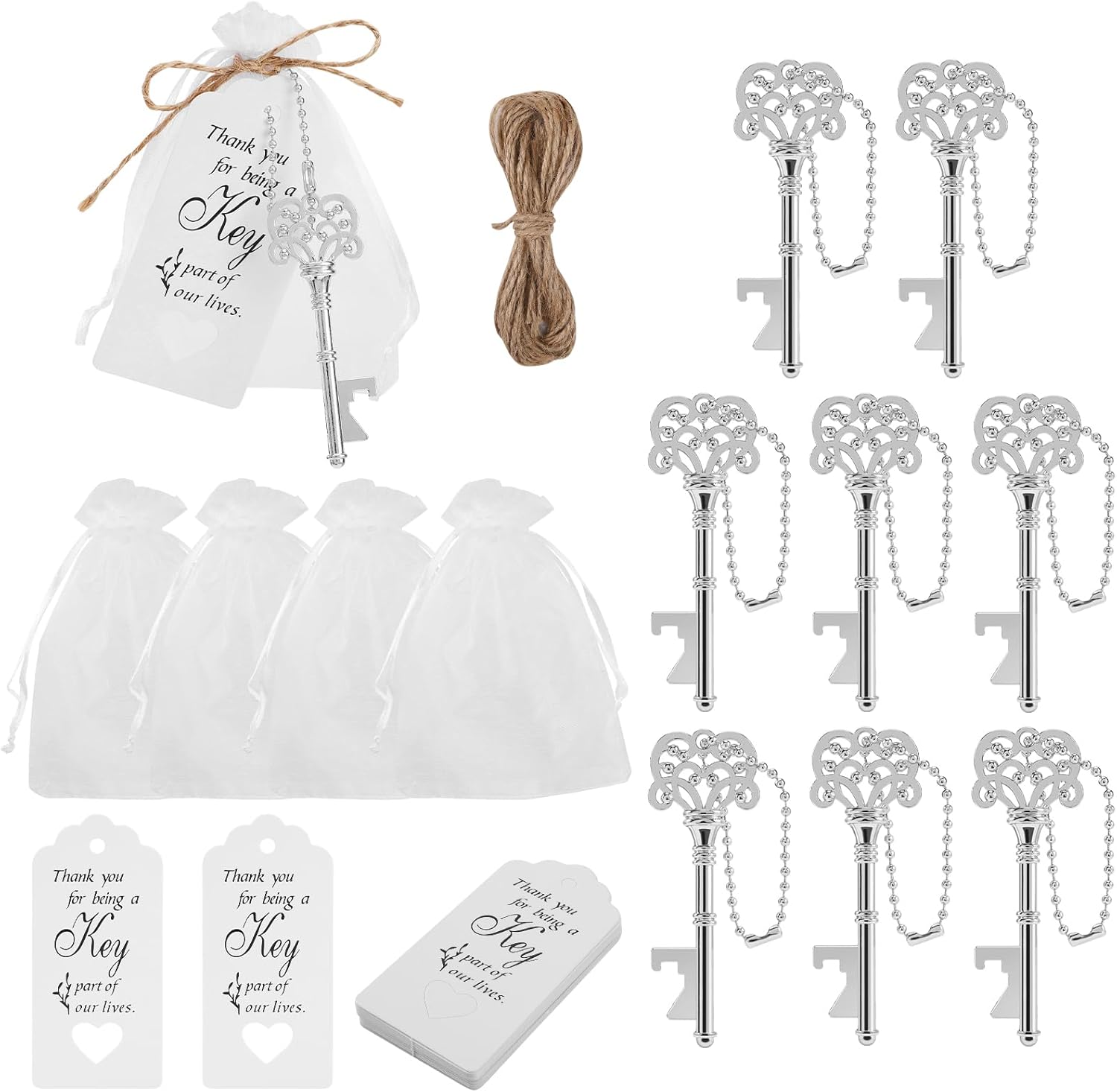 60 PCS Vintage Skeleton Key Bottle Opener with Organza Bags, Thank You Tags, Jute Rope and Chains - Perfect Wedding Gifts and Baby Shower Favors for Guests (Silver)