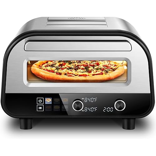 Upgraded Pizza Oven Heats up to 840°F Makes 12 Inch Pizzas in 90 Seconds Countertop Electric Pizza Maker with 6 Touchscreen Presets Pizza Stone & Peel Included - Stainless Steel