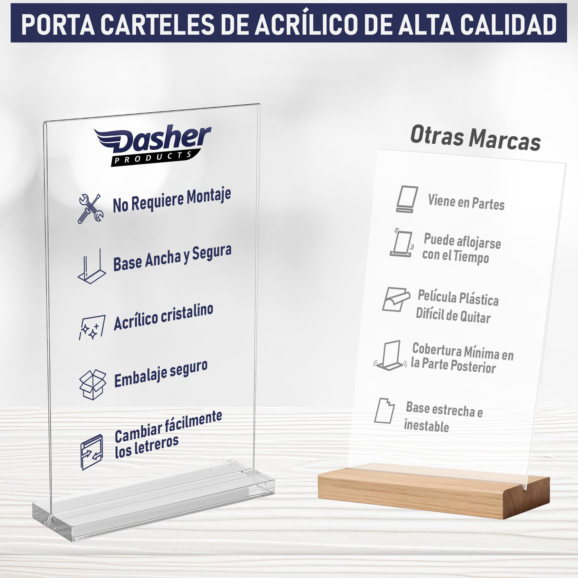 Dasher Products Porta menú A5 de metacrilato doble cara, pack de 6 - Soporte acrílico forma T sobremesa, carga inferior - Expositor para carta restaurante, fotos, números de mesa