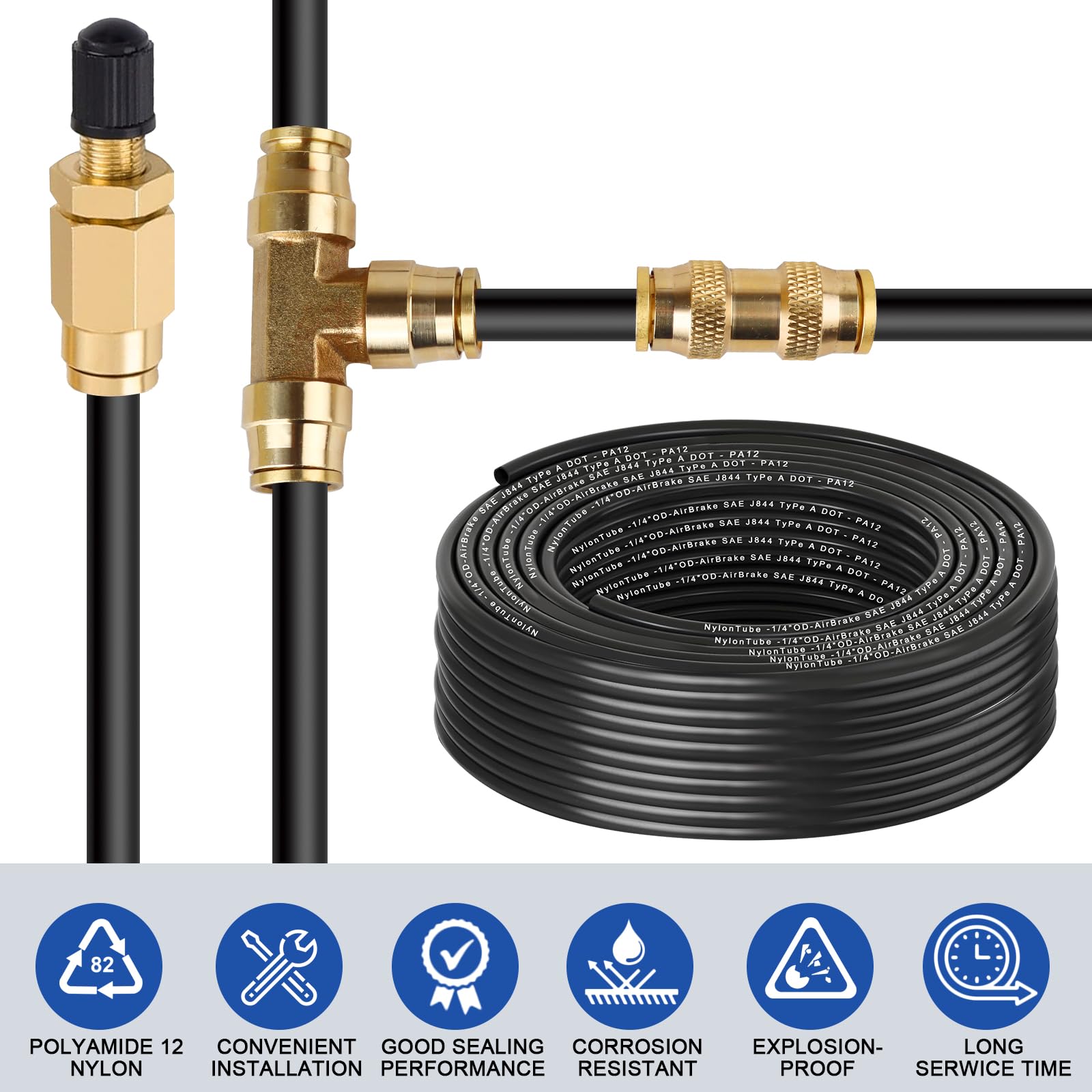 Tubo de freno de aire de nailon SAE J 844 PA12 de 1/4 pulgadas OD x 100 pies DOT negro con cortador y cinta de teflón, manguera de línea de aire de nailon neumático para semirremolque, sistema de