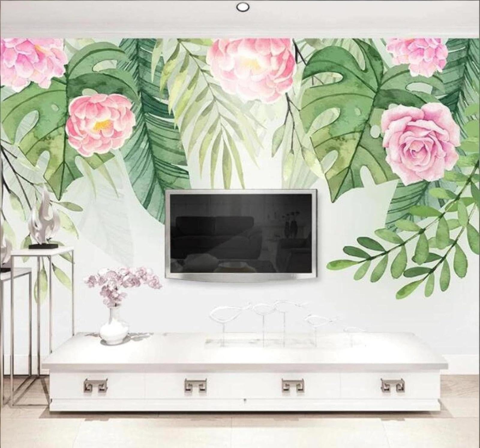 XLMING Hand Painted Green Leaves Pastoral Scene Pink Flowers 3D Wallpaper Luxury Home Dining Decor Paste Sofa Living Room The Wall for Bedroom Mural-350cm×256cm