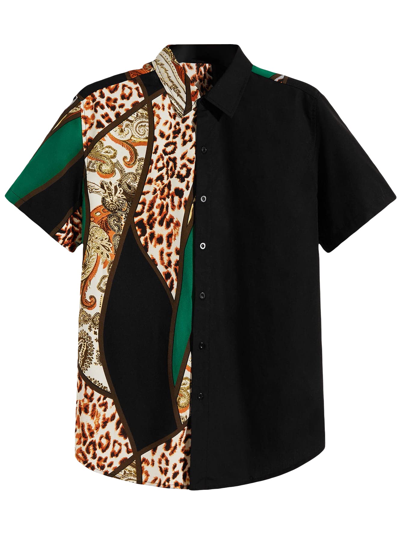 OYOANGLE Men's Casual Colorblock Leopard Print Collar Short Sleeve Button Down Shirts
