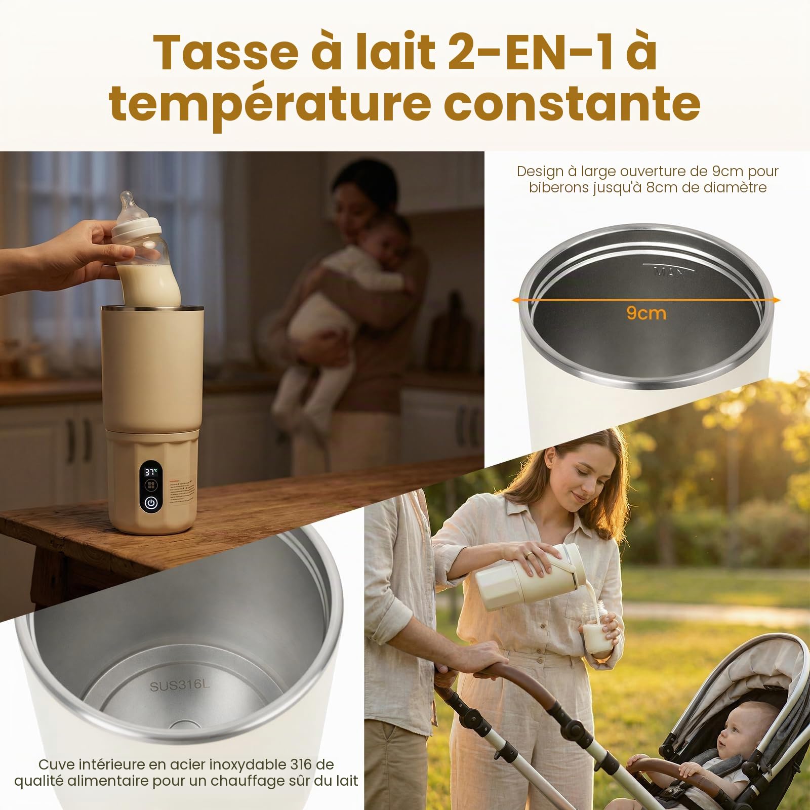 Chauffe Biberon - chauffe biberon nomade 2-en-1 : chauffage rapide du lait maternel et de l'eau, pasteurisation, température constante 24 heures sur 24 pour toute la journée (Beige)