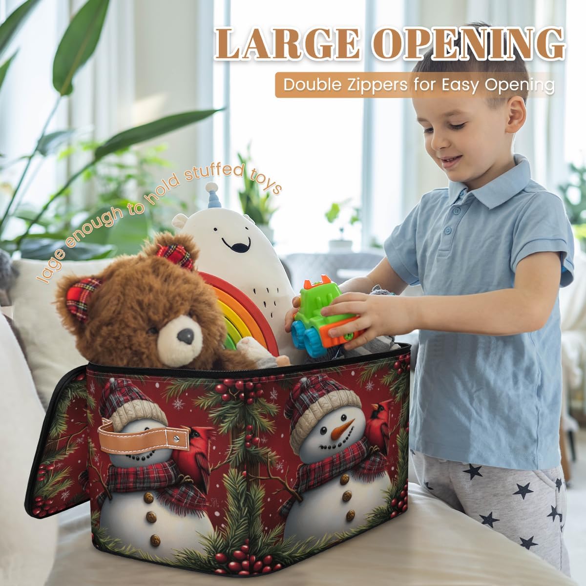 Storage Bin Set of 2 Cute Snowman Cardinal Bird Storage Basket with Zipper Lid & Handle Foldable Closet Shelf 2 Pack Cloth Organizer Basket Cube Bins for Bedroom, Nursery