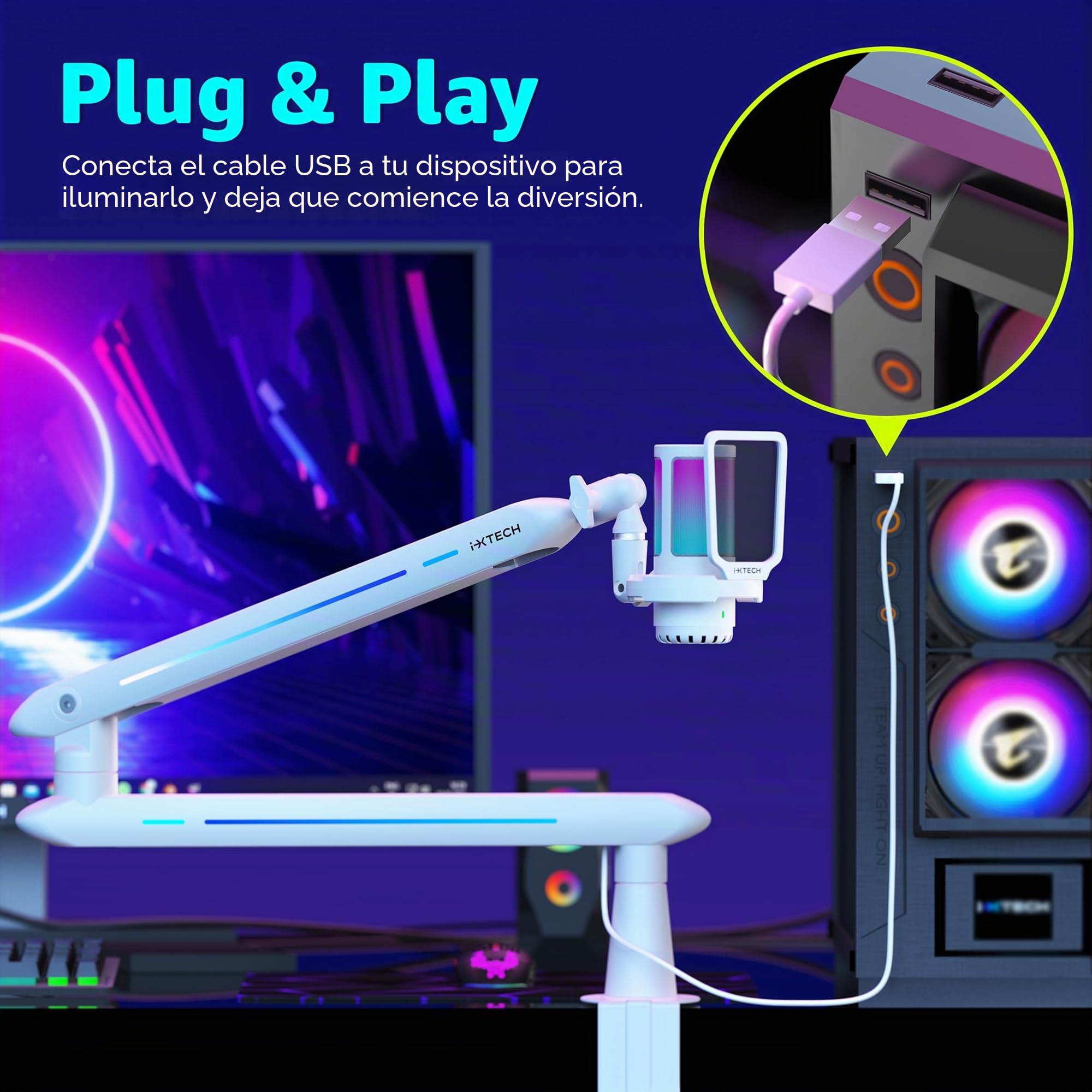 IXTECH Brazo de brazo RGB de perfil bajo para micrófono, soporte de brazo de micrófono ajustable con abrazadera de montaje en escritorio, soporte giratorio para micrófono con gestión de cables para
