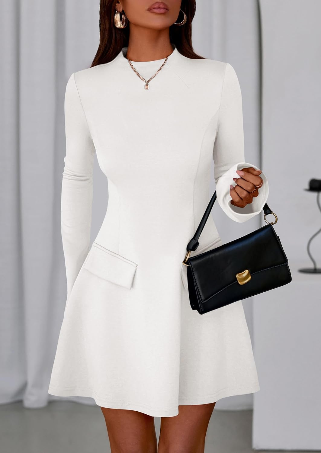 PRETTYGARDEN Women's Elegant Holiday Short Dress 2026 Fall Bell Long Sleeve Mock Neck Work Business Casual Party Mini Dress - Image 6