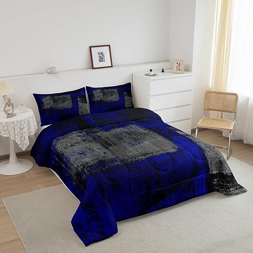 Miniatura 3 de Juego de ropa de cama abstracta Grunge tamaño matrimonial para adolescentes y niños, color azul oscuro, negro y gris, juego de edredón de acuarela