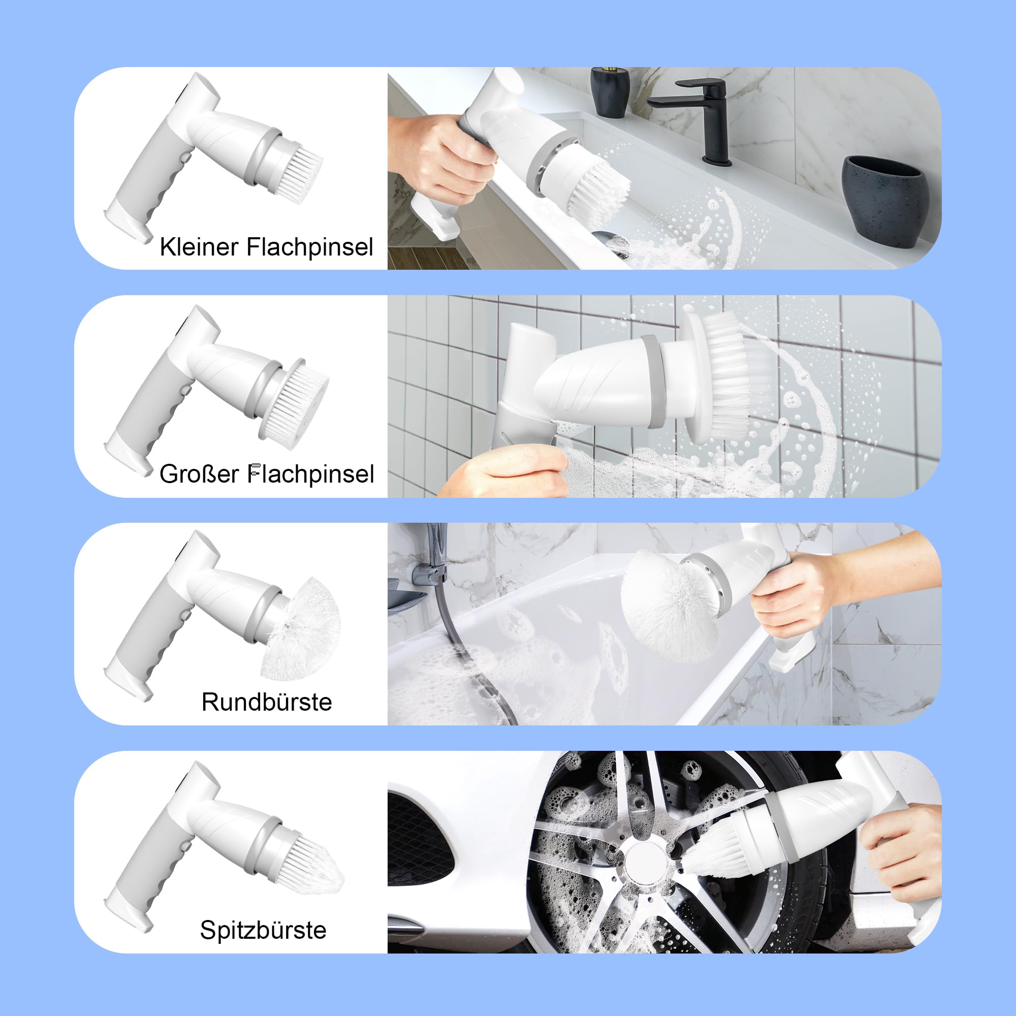 Spazzola Elettrica Pulizia 12in1 ERAVOR - 450 RPM Con Asta Telescopica E 8 Testine - Per Cucina, Bagno E Auto - Foto 6