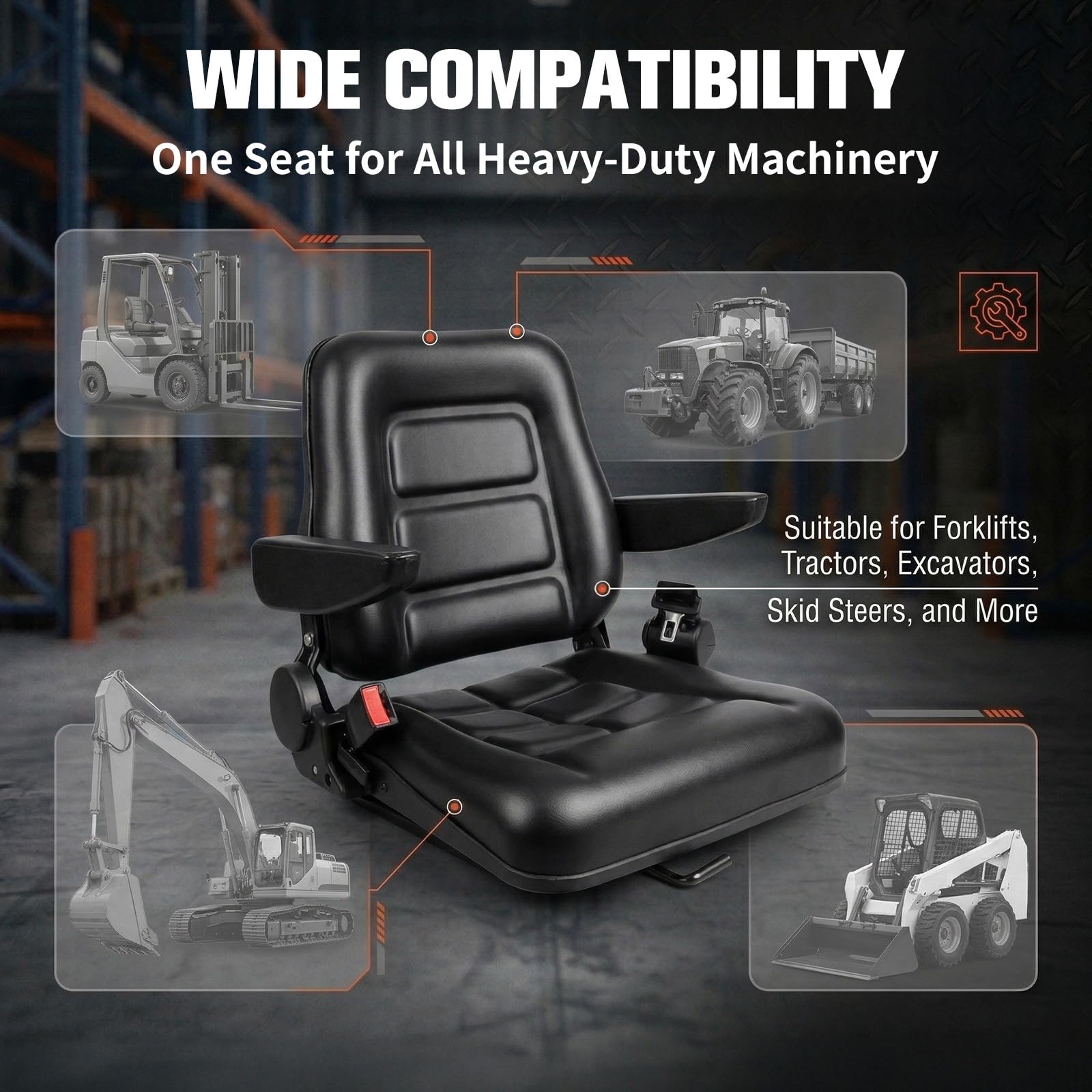 Universal Gabelstaplersitz, Gabelstapler Sitz aus PVC mit Sicherheitsgurt, verstellbarer Rückenlehne, ergonomischer Polsterung, umklappbarer Traktorsitz für Gabelstaplern, Bagger, Lader, Planierraupe