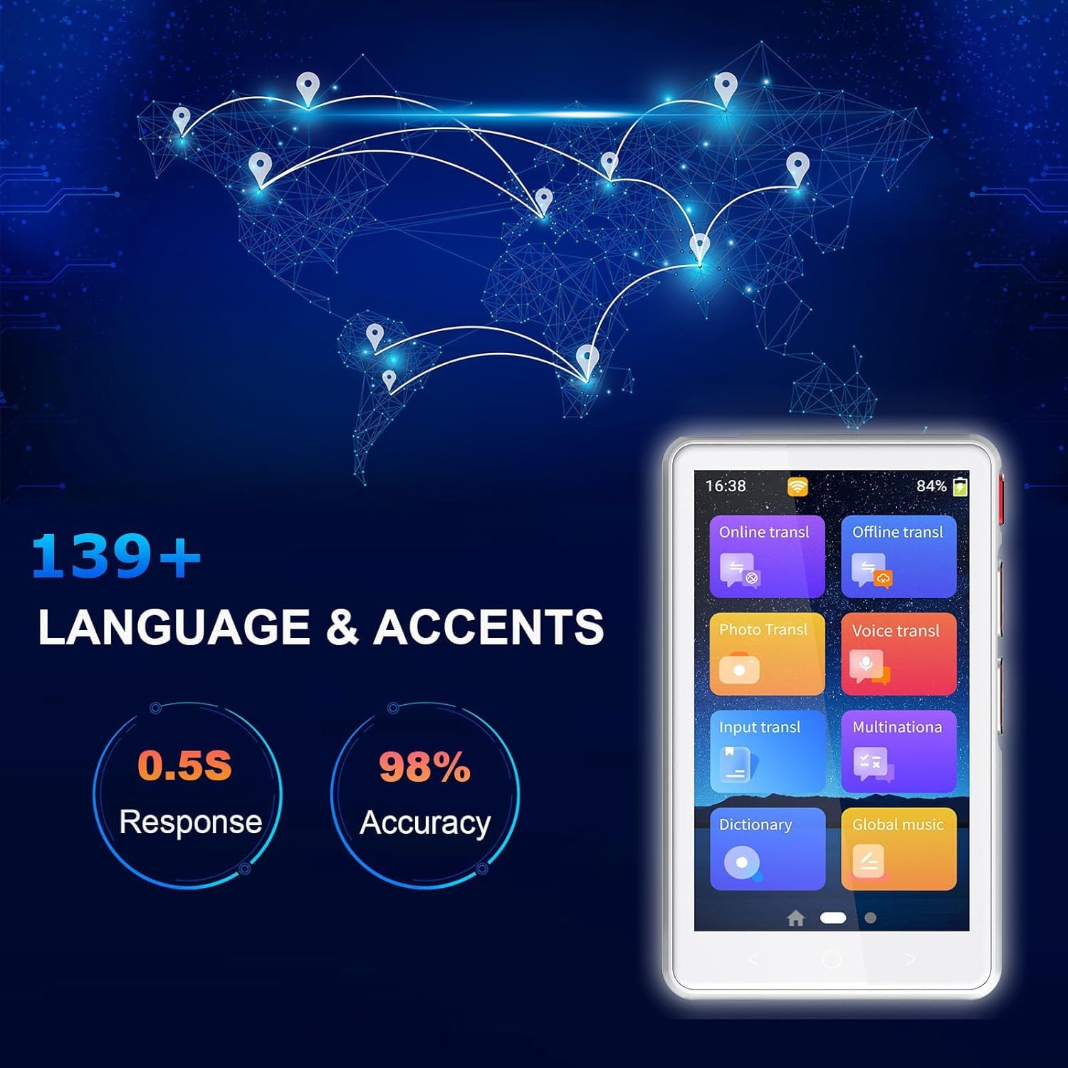 The NALACAL translator device screen showing options for Online Translation, Offline Translation, Photo Translation, Voice Translation, Input Translation, Multination, Dictionary, and Global Music.