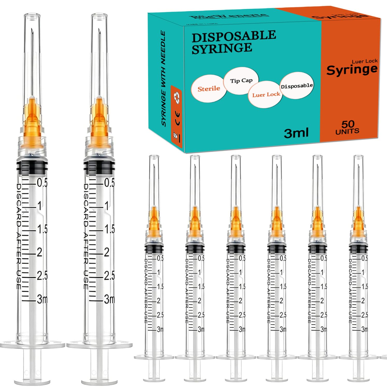 50 Pack 3ml/cc Disposable Luer Lock Lab Syringes with 25Ga 1.0 Inch Needle