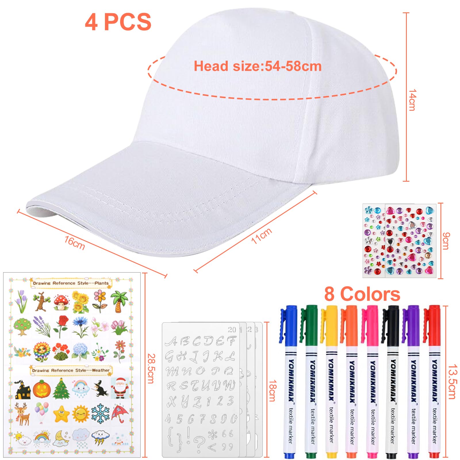 goubinZH 4 Pieces DIY Kids Baseball Cap White Cotton Blank Art Painting Hat Adjustable Casual Beach Sun Hats with Colored Sticks Painting Templates and Box for Children Outdoor Sports Activities Camp - Image 2
