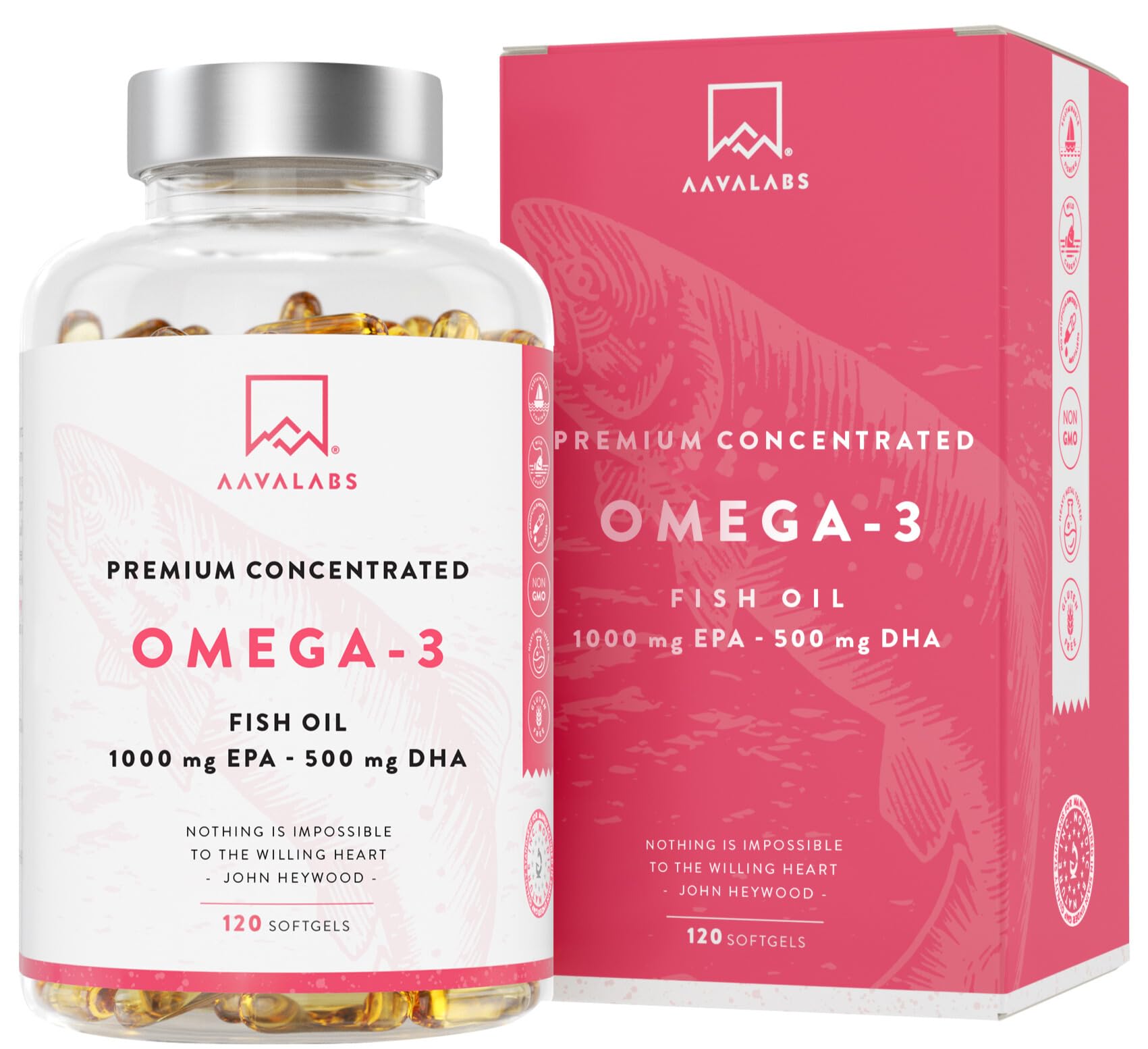 AAVALABS Omega 3 Fish Oil 2000mg per Daily dose (2 softgels) - 1000mg EPA + 500 mg DHA per dose - High Strength Omega 3 Fatty Acids Supplements - Molecularly Distilled - 120 Capsules - 60 Days Supply