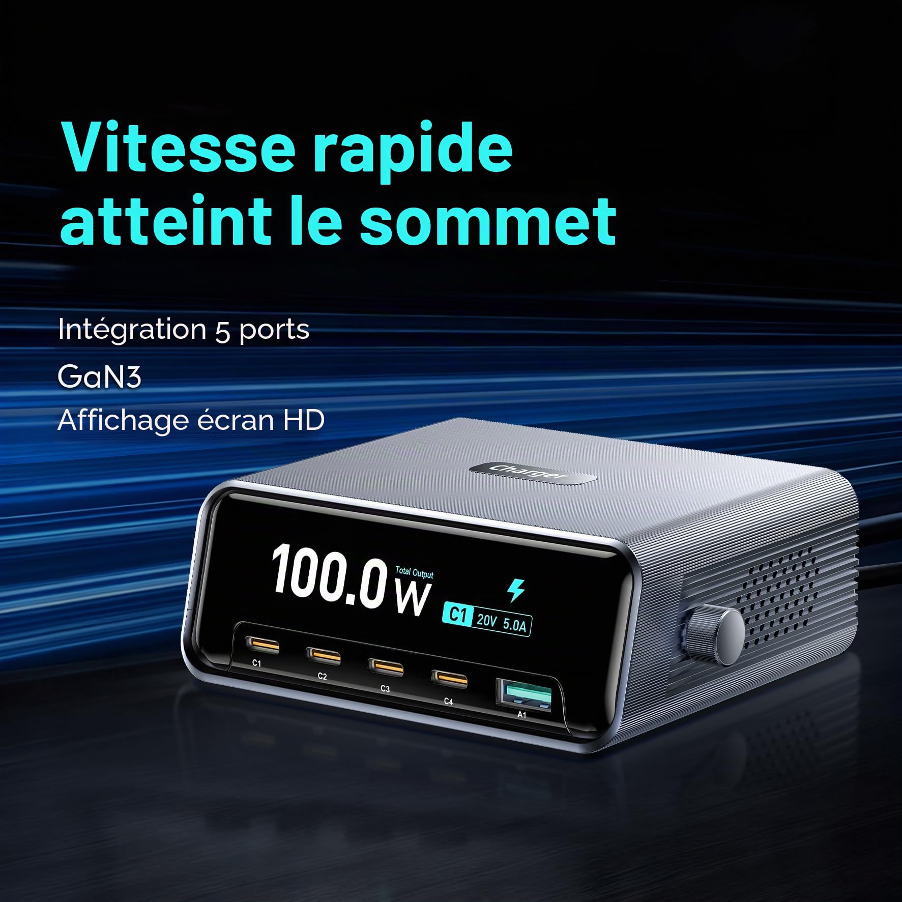 Station de charge de bureau intelligente, station de charge USB C GaN3 100 W, ultra-rapide à 5 ports, USB C avec PD3.0 de 100 W, QC3.0, écran LCD de 2,25" et cadran de contrôle intelligent