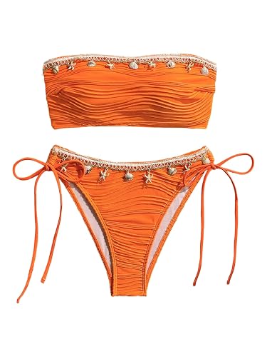 WDIRARA Women's 2 Piece Swimsuit Strapless Bandeau Bikini Set Textured Shell Tie Side Bathing Suit - Medium - Burnt Orange