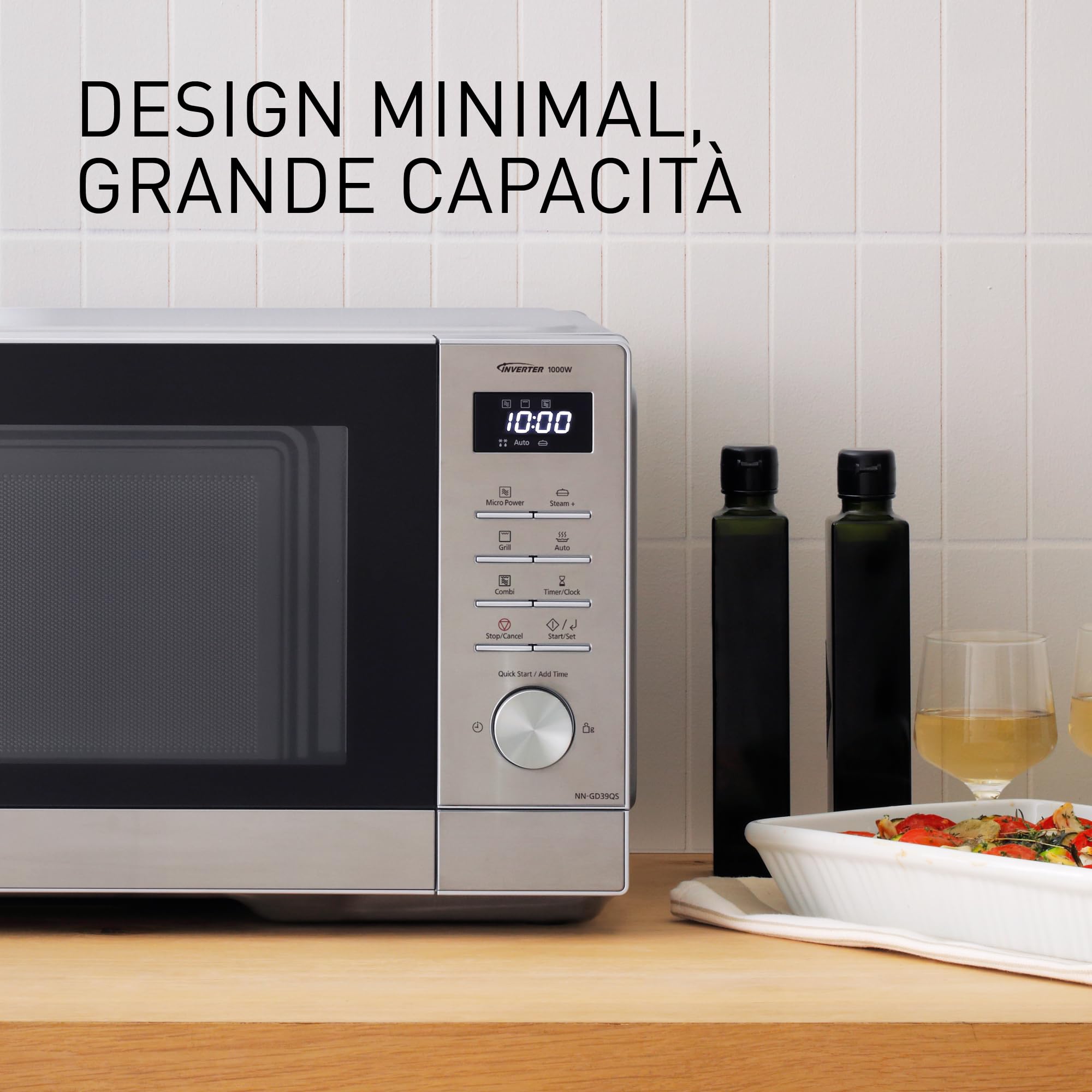 Panasonic NN-GD39QSEPG Forno a Microonde 29L con Grill e Teglia Steam+, 1000W, Auto Defrost, Cottura Combinata, Timer, Argento e Acciaio Inox