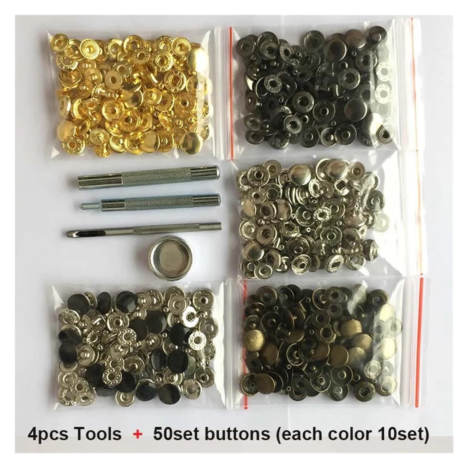 Zestaw skórzanych zatrzasków 50 sztuk, 10 mm 12 mm 15 mm metalowe zatrzaski zatrzaskowe, 4 narzędzia instalacyjne, skórzane zatrzaski do ubrań (kolor: narzędzia i zestaw 50 sztuk, rozmiar: 15 mm)