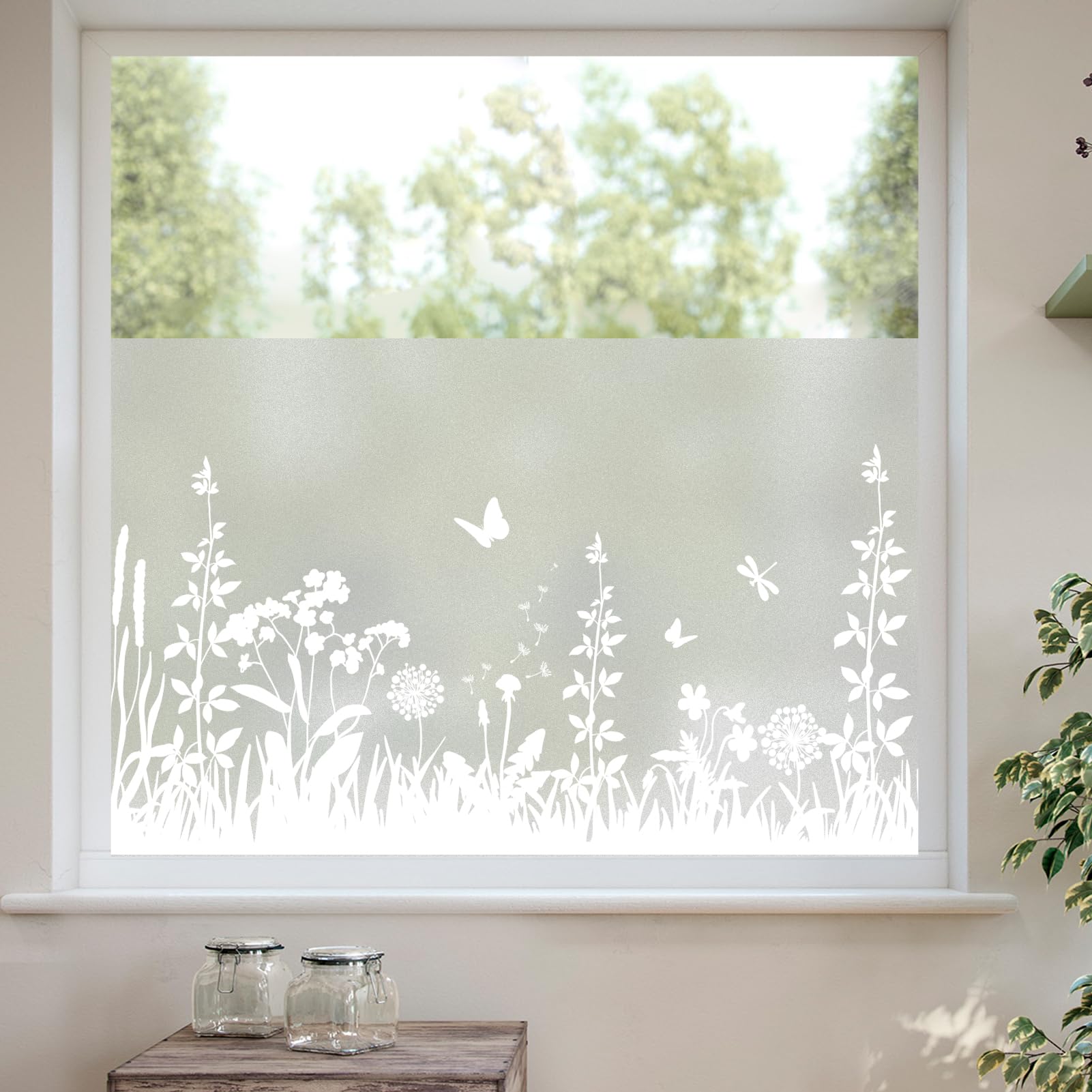 dktie Fensterfolie Blickdicht Sichtschutzfolie Weiß Pflanzenmuster