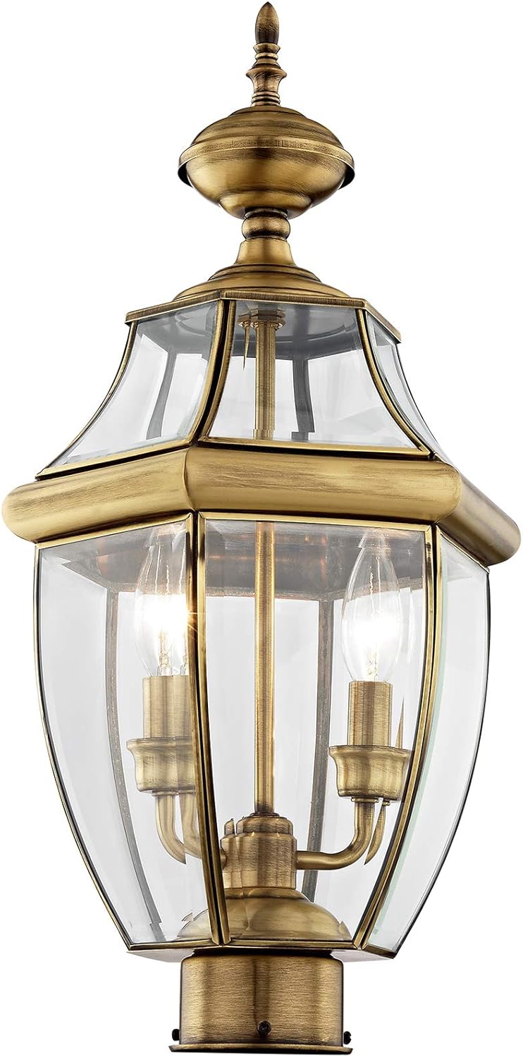 livex lighting 2254-01 monterey 2 light outdoor antique brass finish solid brass post head with clear beveled glass
