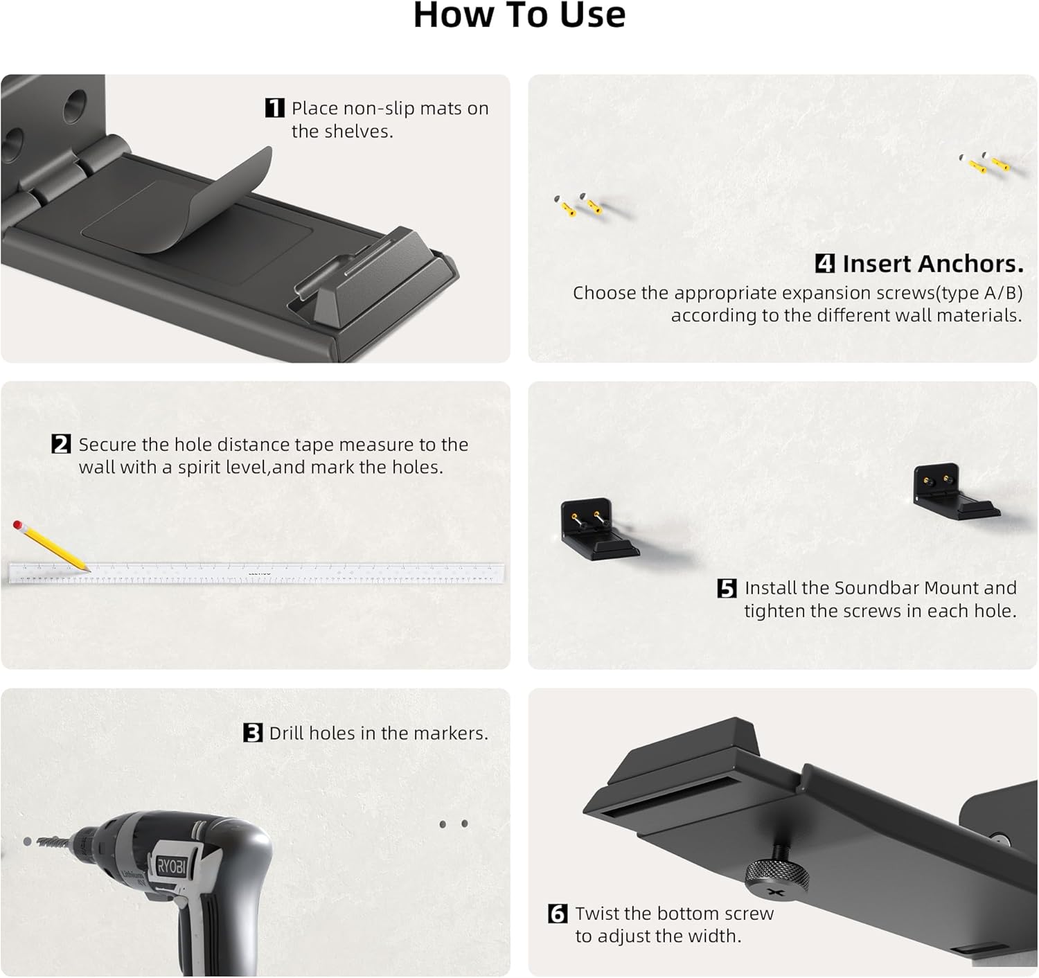 ELETIUO Soundbar Wall Mount Bracket for Samsung, LG, Sony, JBL, Vizio, Sonos and More, Depth Adjustable 3.5”-6.1”, Soundbar Shelf Under TV, Black - Image 7