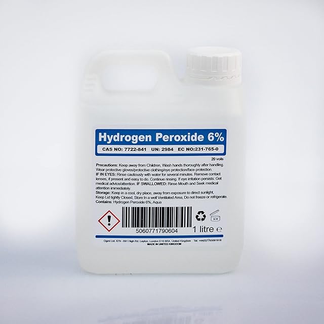 Hydrogen Peroxide 6% 20 Vols. 50ml 500ml 1L 5L Litre for Cleaning Disinfecting Bleaching (1L)