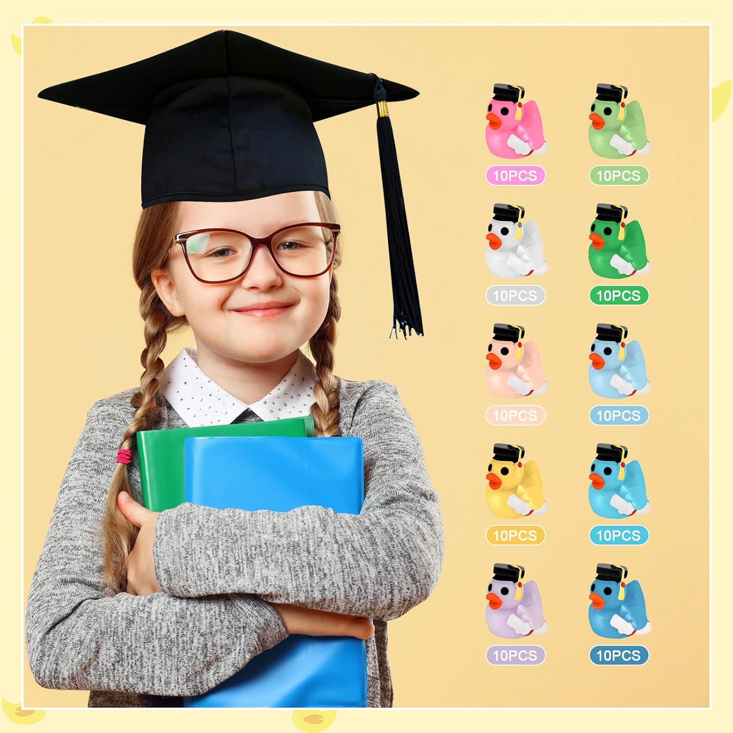 100 Pcs Mini Graduation Resin Ducks, Graduation Resin Ducks with Graduation Tassel Cap and Holding Certificate, Yellow Tiny Grad Duck Bulk Novelty Graduation Gift & Keepsake (10 Colors)