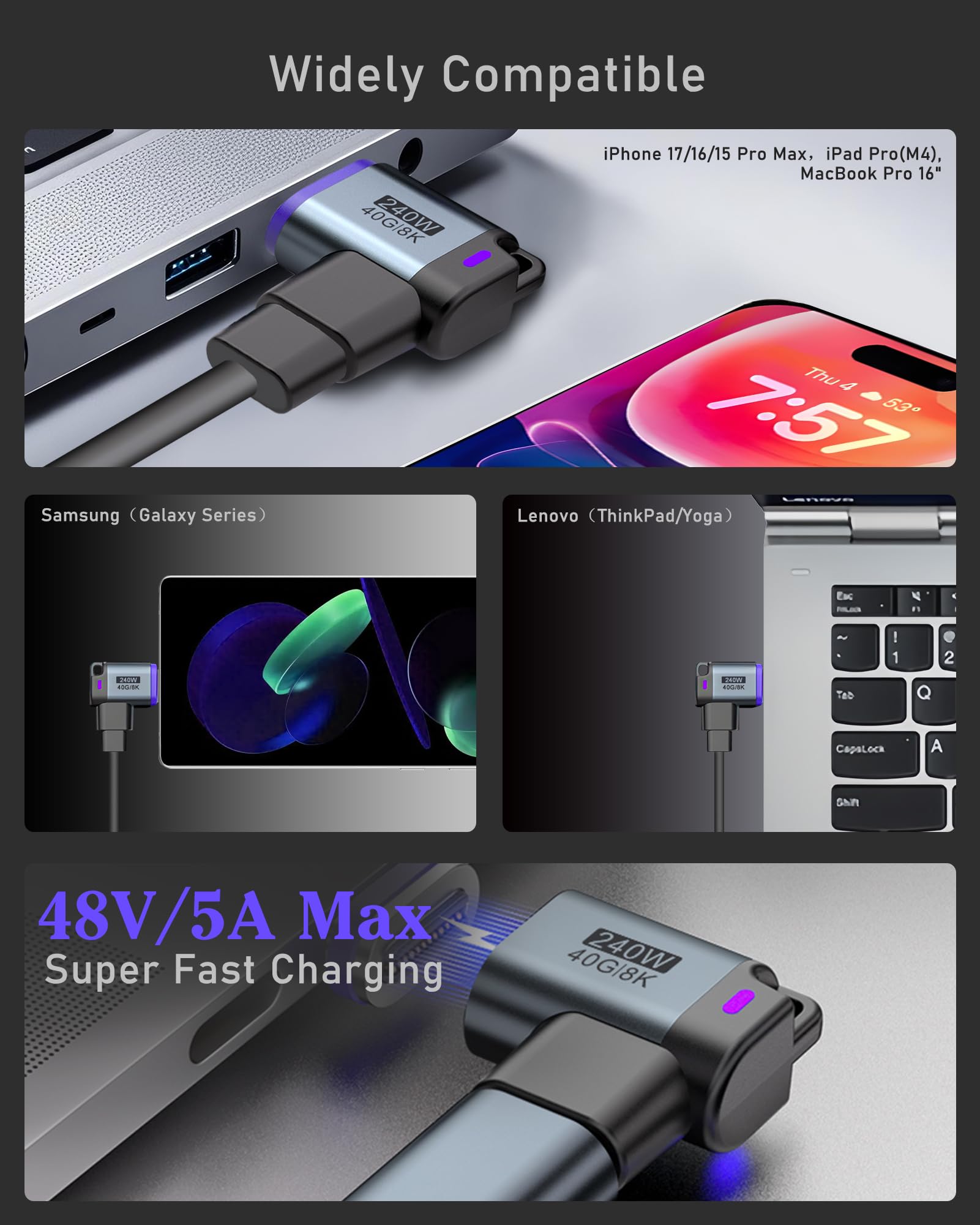 USB-C-Adapter, 24-polig, 240 W, magnetischer 90-Grad-Winkel, USBC-Stecker auf USB-Buchse, Adapter, 40 Gbit/s Adapterverlängerung