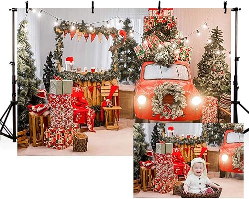 Miniatura 8 de MEHOFOND Árbol de Navidad de invierno de 10 x 7 pies, color rojo, para regalos de automóvil, para fotografía, telón de fondo, guirnalda de pino