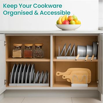 Expandable Pan Lid Organiser Rack 7 Adjustable Dividers, Anti-slip Pantry Cupboard Organiser Kitchen Drawer Bakeware Plate Holders for Pots, Pans, Chopping Board, Saucepan, Baking Trays (7 Tier)